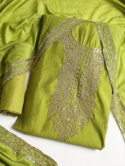 MEENA BAZAAR - Embroidered Green Chanderi Unstitched Dress Material