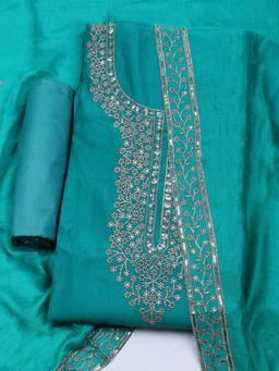 MEENA BAZAAR - Embroidered Green Chanderi Unstitched Dress Material