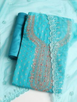 MEENA BAZAAR - Embroidered Blue Chanderi Unstitched Dress Material