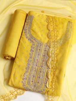 MEENA BAZAAR - Embroidered Mustard Chanderi Unstitched Dress Material