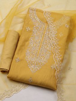 MEENA BAZAAR - Embroidered Mustard Chanderi Unstitched Dress Material