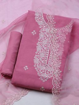 MEENA BAZAAR - Embroidered Pink Chanderi Unstitched Dress Material