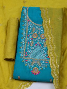 MEENA BAZAAR - Embroidered Blue Chanderi Unstitched Dress Material