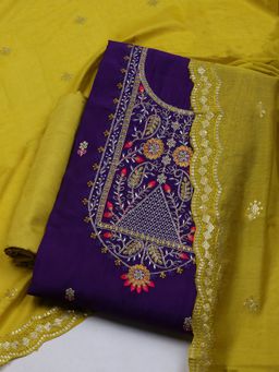 MEENA BAZAAR - Embroidered Navy Blue Chanderi Unstitched Dress Material