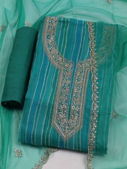 MEENA BAZAAR - Embroidered Green Organza Unstitched Dress Material