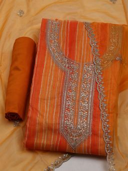 MEENA BAZAAR - Embroidered Orange Organza Unstitched Dress Material