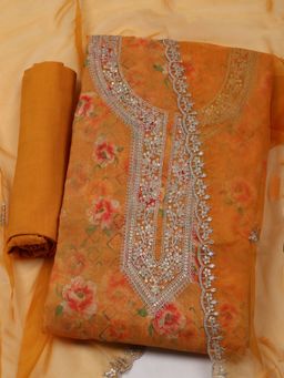 MEENA BAZAAR - Embroidered Mustard Organza Unstitched Dress Material