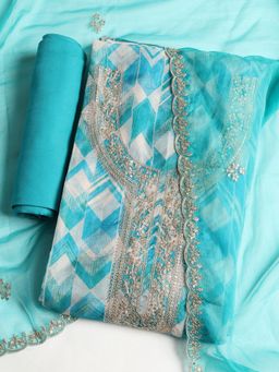 MEENA BAZAAR - Embroidered Blue Organza Unstitched Dress Material