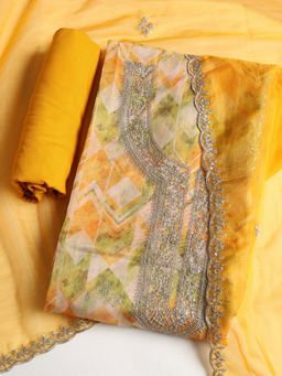 MEENA BAZAAR - Embroidered Orange Organza Unstitched Dress Material