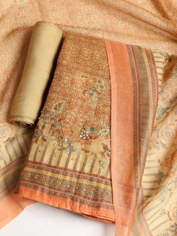 MEENA BAZAAR - Floral Beige Chanderi Unstitched Dress Material