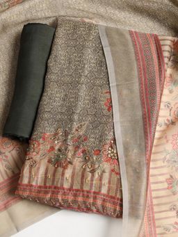 MEENA BAZAAR - Embroidered Grey Chanderi Unstitched Dress Material