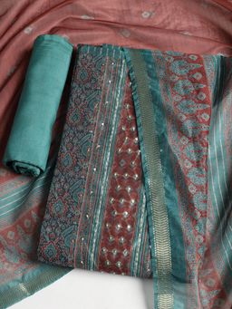 MEENA BAZAAR - Embroidered Chanderi Green Unstitched Dress Material