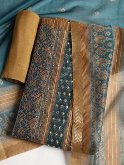 MEENA BAZAAR - Mustard Embroidered Chanderi Unstitched Dress Material