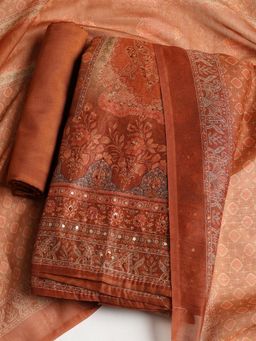 MEENA BAZAAR - Embroidered Brown Chanderi Unstitched Dress Material