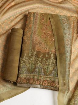 MEENA BAZAAR - Embroidered Chanderi Green Unstitched Dress Material