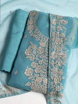 MEENA BAZAAR - Embroidered Blue Tissue Unstitched Dress Material