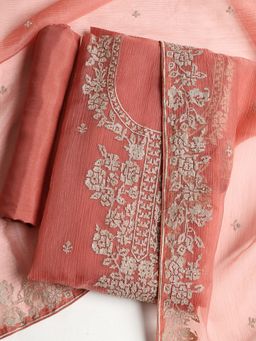 MEENA BAZAAR - Embroidered Peach Tissue Unstitched Dress Material