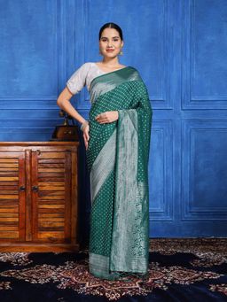 MEENA BAZAAR - Woven Green Crepe Saree with Unstitched Blouse