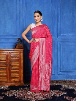MEENA BAZAAR - Woven Pink Crepe Saree with Unstitched Blouse