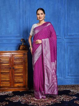 MEENA BAZAAR - Woven Purple Crepe Saree with Unstitched Blouse