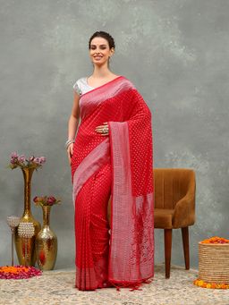MEENA BAZAAR - Woven Red Crepe Saree with Unstitched Blouse