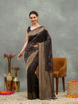 MEENA BAZAAR - Woven Black Crepe Saree with Unstitched Blouse