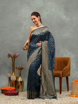 MEENA BAZAAR - Woven Blue Crepe Saree with Unstitched Blouse