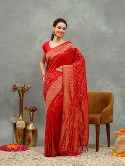 MEENA BAZAAR - Woven Red Crepe Saree with Unstitched Blouse