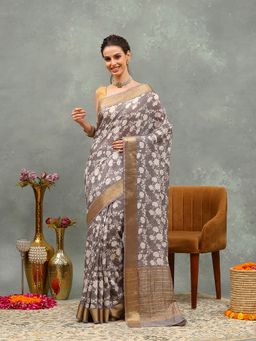 MEENA BAZAAR - Woven Grey Art Silk Saree with Unstitched Blouse