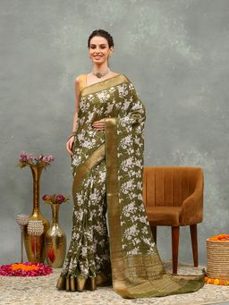 MEENA BAZAAR - Green Woven Art Silk Saree with Unstitched Blouse