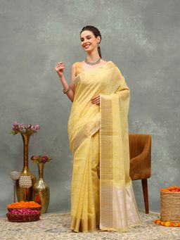 MEENA BAZAAR - Woven Yellow Cotton Saree with Unstitched Blouse