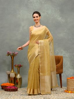 MEENA BAZAAR - Woven Mustard Cotton Saree with Unstitched Blouse