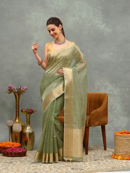 MEENA BAZAAR - Green Woven Cotton Saree with Unstitched Blouse