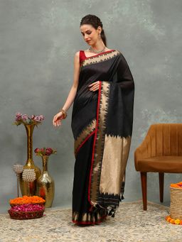 MEENA BAZAAR - Woven Black Cotton Saree with Unstitched Blouse