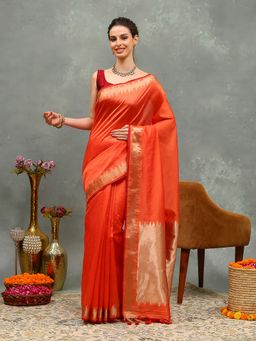 MEENA BAZAAR - Woven Pink Cotton Saree with Unstitched Blouse
