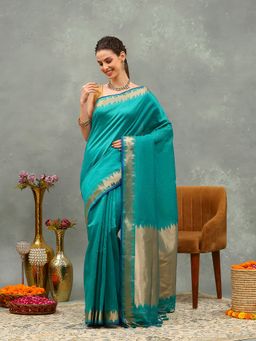 MEENA BAZAAR - Woven Blue Cotton Saree with Unstitched Blouse