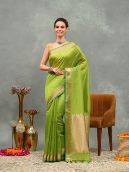 MEENA BAZAAR - Green Woven Cotton Saree with Unstitched Blouse