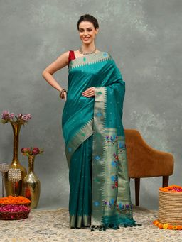 MEENA BAZAAR - Woven Art Silk Green Saree with Unstitched Blouse
