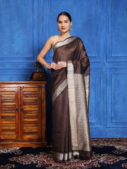 MEENA BAZAAR - Woven Brown Art Silk Saree with Unstitched Blouse