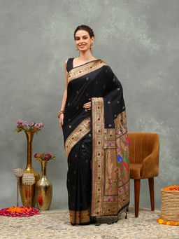 MEENA BAZAAR - Woven Black Cotton Saree with Unstitched Blouse