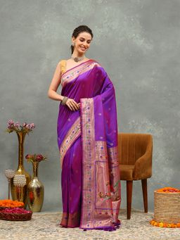 MEENA BAZAAR - Woven Purple Cotton Saree with Unstitched Blouse