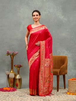 MEENA BAZAAR - Woven Pink Cotton Saree with Unstitched Blouse