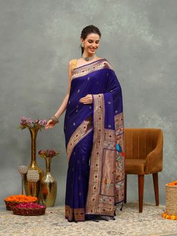 MEENA BAZAAR - Woven Blue Cotton Saree with Unstitched Blouse
