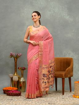 MEENA BAZAAR - Woven Pink Cotton Saree with Unstitched Blouse