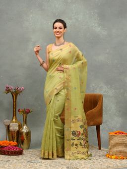 MEENA BAZAAR - Green Woven Cotton Saree with Unstitched Blouse