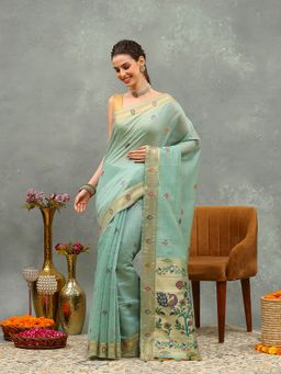 MEENA BAZAAR - Woven Cotton Green Saree with Unstitched Blouse