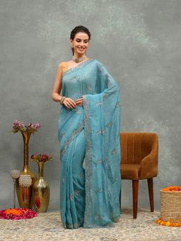 MEENA BAZAAR - Embroidered Blue Chiffon Saree with Unstitched Blouse