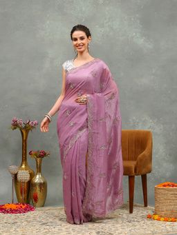 MEENA BAZAAR - Embroidered Lavender Chiffon Saree with Unstitched Blouse