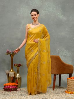 MEENA BAZAAR - Embroidered Mustard Chiffon Saree with Unstitched Blouse