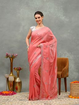 MEENA BAZAAR - Embroidered Pink Chiffon Saree with Unstitched Blouse